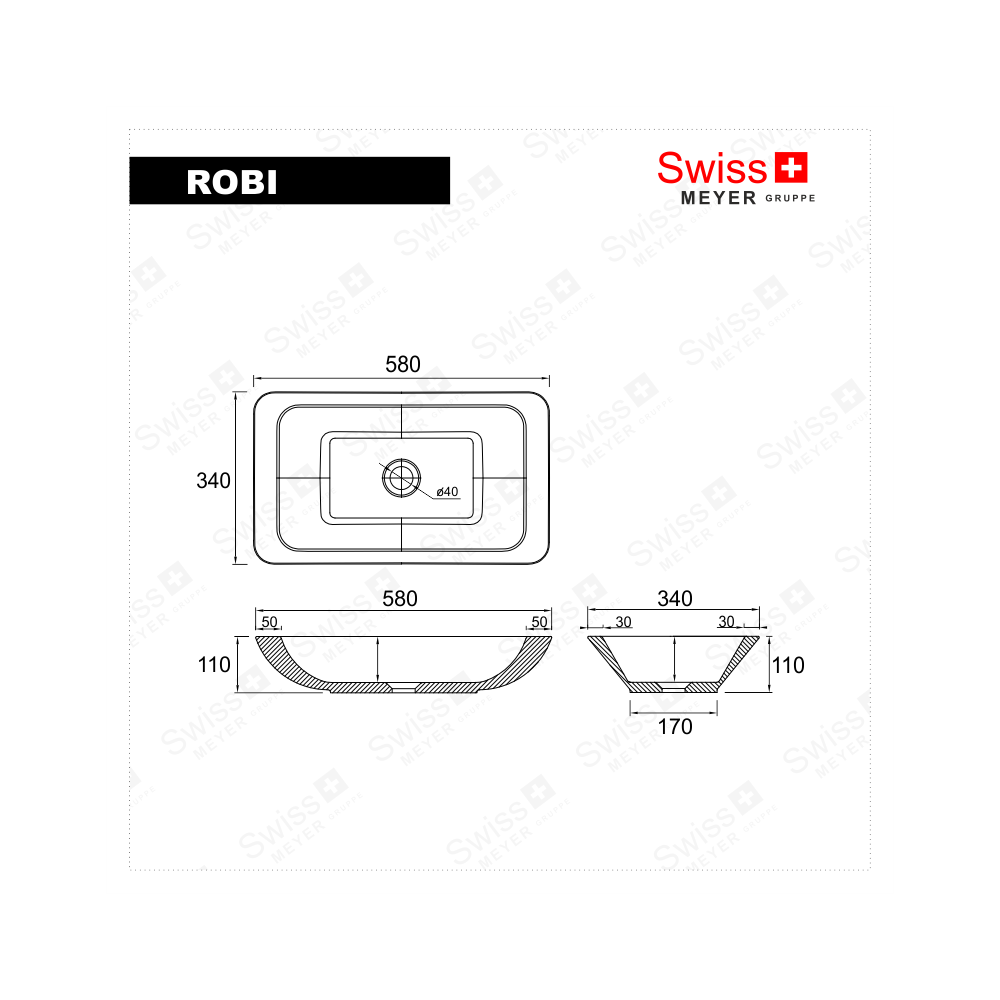 Umywalka nablatowa z konglomeratu 58 x 34 - ROBI SWISS MEYER