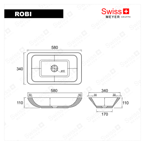 Umywalka nablatowa z konglomeratu 58 x 34 - ROBI SWISS MEYER