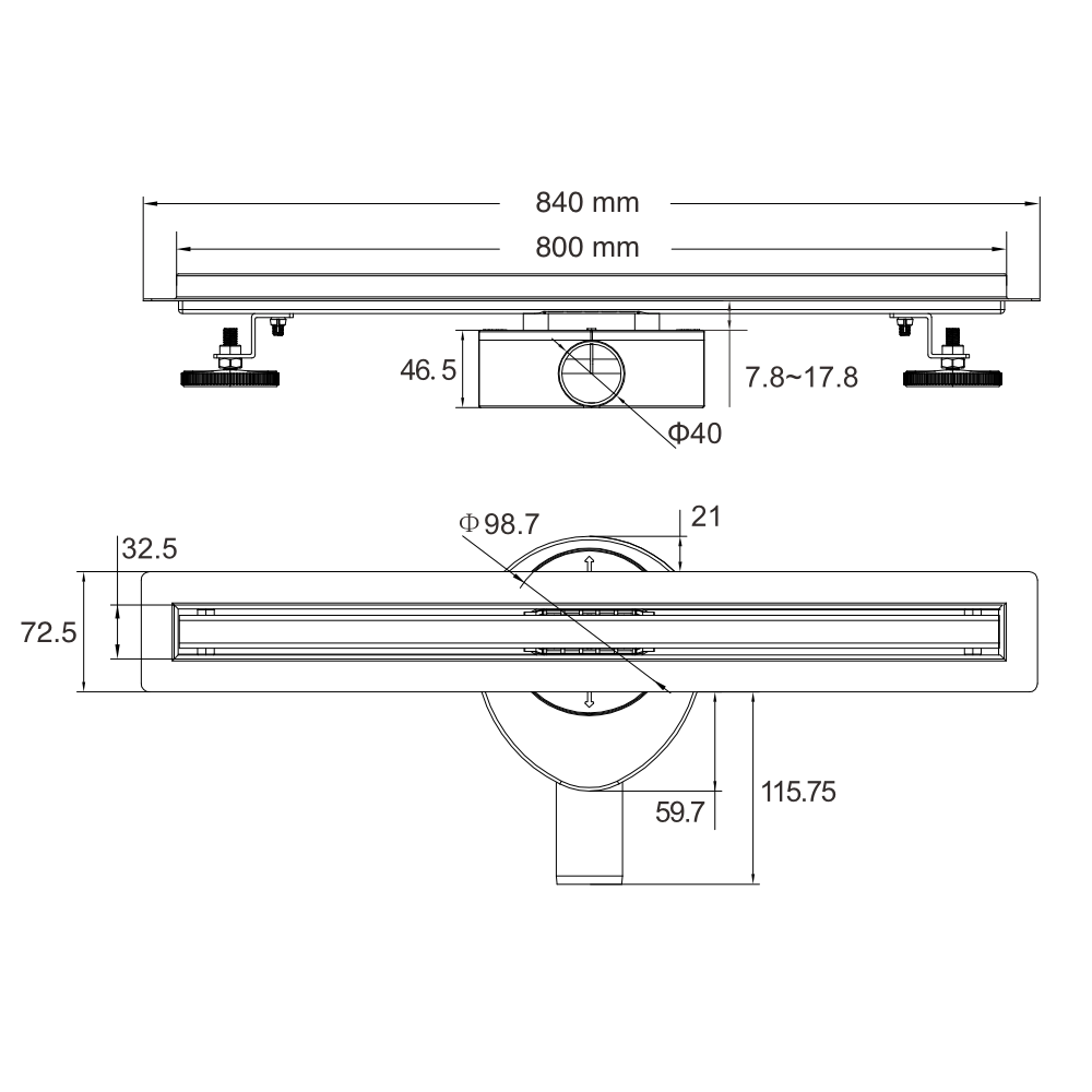 Odpływ liniowy 80 cm czarny - SLIM 360 SS - obrotowy - SWISS MEYER