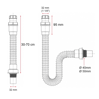 Syfon umywalkowy harmonijkowy regulowany BIAŁY PCV rozciągany 30-70 cm