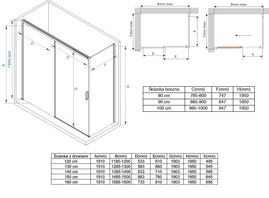 Kabina przesuwna z cichym domykiem złota