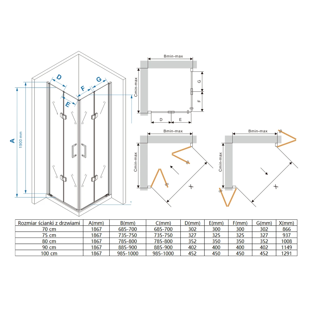Kabina z drzwiami łamasymi skłądanymi MS2000